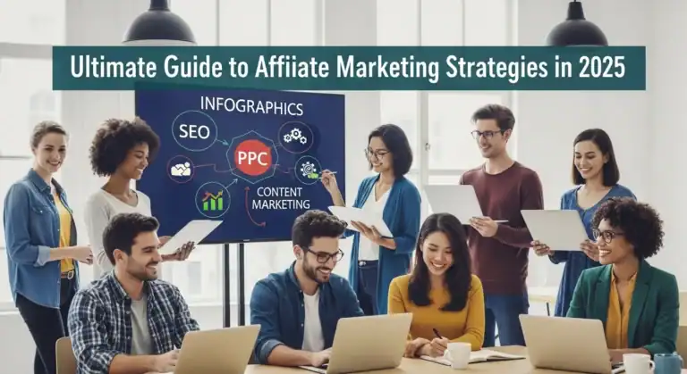 Affiliate Marketing Strategies 2025 Guide: Team brainstorming SEO, PPC, content marketing tactics.